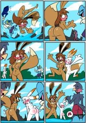 amphibian anthro ass avian big_breasts big_butt birbpan blush blush_face blush_lines breasts canid canine clothing eevee exhibitionism female froakie frog generation_1_pokemon generation_3_pokemon generation_6_pokemon generation_8_pokemon genitals group hi_res humiliation lagomorph male male/female male/male mammal nintendo penis pokemon pokemon_(species) scorbunny small_penis smile swimming_trunks swimwear taillow undressing