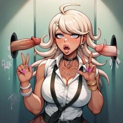 2_penises ai_generated alternate_costume alternate_hair_color alternate_hairstyle before_blowjob bimbo bimbo_body bimbo_lip bimbo_lips blowbang collar danganronpa danganronpa_2:_goodbye_despair female female_focus glory_hole gyaru nanami_chiaki open_mouth tanned_skin v_sign