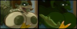 areola areola_slip bandai_namco bellowing between_breasts big_breasts boobs_on_face breasts canid canine chimeratechspyro cleavage clothed clothing crush deathclaw digimon digimon_(species) fallout fangs female fox glowing glowing_eyes horn huge_breasts hyper hyper_breasts larger_female laying_on_top lying male microsoft nipples on_front open_mouth original_character puffy_nipples renamon roaring scalie size_difference smaller_male smothering squish teeth
