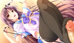 1boy aotsuki_sakuya censored choco_chip chu_x_pet erection feet female femdom footjob game_cg long_hair looking_at_viewer no_shoes open_mouth penis penis_ribbon purple_hair school_uniform skirt thighhighs toes yellow_eyes