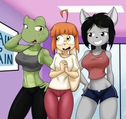 3girls abs amelia_(sandwich-anomaly) black_hair bunny_girl cat_girl checking_out dark_eyes frog_girl glasses green_skin gym impending_sex implied_lesbian implied_sex large_breasts orange_hair sandwich-anomaly scars shy small_breasts vanessa_(sandwich-anomaly) victoria_(sandwich-anomaly) workout_clothes yellow_eyes