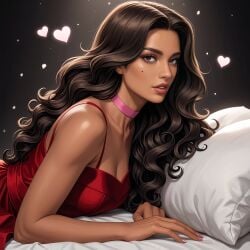 ai_generated beautiful beautiful_females beauty_mark bedroom bedroom_eyes black_hair brown_eyes brown_hair choker deergirlfit in_bed latina lust lustful_gaze mexican mexican_female mole no_nude no_nudity original_character satin sensual silk_clothing sleepwear