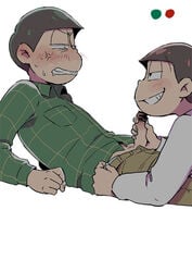 2boys black_hair brothers cum drooling handjob incest janome_(osmtpippi) male_only matsuno_choromatsu matsuno_osomatsu multiple_boys naughty_face osomatsu-kun osomatsu-san penis saliva siblings undressing yaoi