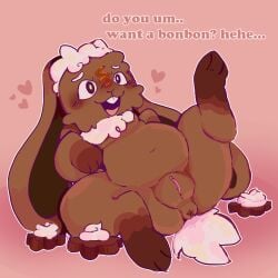 anthro brown_body candy chocolate chocolate_bunny cocoa_(dandy's_world) dandy's_world dandys_world dessert female food hi_res lagomorph leporid long_ears lying mammal neck_tuft on_back overweight presenting_vulva rabbit solo solo_focus tuft xxstrangerxx