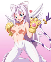 areolae blue_eyes blush breasts cameltoe cute_fang digimon digimon_(species) feline female gatomon hair_ribbon heigako lavender_hair long_hair navel nipples nude open_mouth personification pussy smile solo tail tailmon uncensored white_hair wings