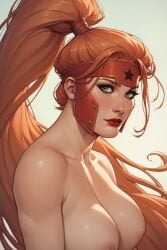 ai_generated amazon amazonian artemis_(dc) artemis_of_bana-mighdall big_breasts dc dc_comics ginger green_eyes headgear nude ponytail red_hair red_hood_and_the_outlaws red_lipstick