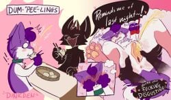 ambiguous_gender andromorph anthro anus apologetic apology ass bat big_clitoris blush bodily_fluids bondage bound claws clitoris degradation dinkden domestic_cat dumplings duo eating embarrassed felid feline felis flashback food front_view genital_fluids genitals heart_symbol hi_res humor intersex mammal omorashi pawpads paws peeing purple_body red_cheek restraints rope rope_bondage speech_bubble spread_legs spread_vulva spreading trashbag_(dinkden) urethra urine urine_stream vulva watersports wetting