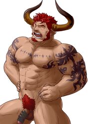 1boy abs agielba agieruba bara blush censored draph facial_hair fangs granblue_fantasy horns male male_only muscle muscles open_mouth pecs penis pubic_hair red_hair short_hair sideburns solo tattoo tongue tongue_out