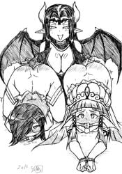 3girls ass bat_(symbol) blush bondage breasts busty character_request cleavage demon demon_girl demon_horns demon_wings digimon female fingering gamonkoubou horns lilithmon long_hair monochrome multiple_girls naughty_face pointy_ears saliva seven_great_demon_lords small_breasts smile succubus tears very_long_hair voluptuous wings