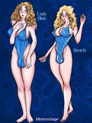balls bare_feet bare_shoulders big_breasts bigballs bigdick blonde blonde_hair blue blue_background blue_eyes bondage_outfit boobs breasts character_sheet cleavage clothes clothing dick feet female female_only full_body futanari humanoid intersex looking_at_viewer medium_hair standing swimsuit trans young young_female