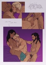 2boys1girl amputee beard black_hair blonde_hair comic cunnilingus dragon_age dragon_age_the_veilguard female hairy imminent_anal imminent_sex lucanis_dellamorte male nail_polish naked neve_gallus pcos69 rook_(dragon_age) tan_skin