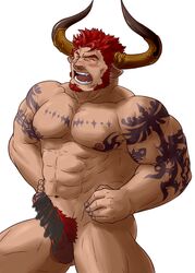 1boy abs agielba agieruba bara blush censored draph erection facial_hair fangs granblue_fantasy horns male male_only muscle muscles open_mouth pecs penis pubic_hair red_hair short_hair sideburns solo tattoo tongue tongue_out