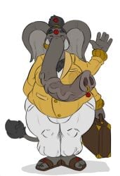 black_hair bottomwear briefcase clothing elephant elephantid futanari grey_body hair hi_res intersex male mammal min_(artist) overweight pants proboscidean solo trunk_penis