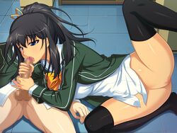 1boy black_hair blazer blue_eyes bottomless bow breasts censored collared_shirt erection fellatio female fingernails floor fudegaki_soft green_jacket handjob heavily_censored indoors jacket long_hair long_sleeves lying mosaic_censoring on_back on_floor on_side oral oral_sex orange_bow penis ponytail pussy ribbon saiminjutsu_3 school_uniform segawa_tsubasa shirt solo_focus spread_legs straight testicles thighhighs tied_hair white_shirt yellow_ribbon