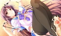 1boy aotsuki_sakuya censored choco_chip chu_x_pet cum cum_on_body cum_on_lower_body erection feet female femdom footjob game_cg long_hair looking_at_viewer no_shoes open_mouth penis penis_ribbon purple_hair school_uniform skirt thighhighs toes yellow_eyes