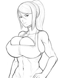 1girls abs beauty_mark boob_window breasts casual_outfit_(metroid) cleavage female female_only grey_impact huge_breasts human lipstick looking_at_viewer metroid metroid_zero_mission monochrome navel nintendo ponytail samus_aran simple_background solo sports_bra tied_hair