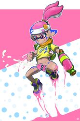 1boy anthro artist_name bottomless censored cephalopod cephalopod_humanoid cum domino_mask gay grin headband humanoid ink inkling inkling_boy las_(las72) male male_only mask_(marking) nintendo pointy_ears polka_dot_background ponytail sneakers solo splatoon squid super_soaker t-shirt tank tentacle tentacle_hair tied_hair weapon