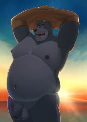 1boy 2025 anthro armpit_hair balls baloo bear belly big_belly body_hair clothing eyewear eyewear_on_head flaccid foreskin genitals grey_penis hands_above_head hi_res lens_flare looking_at_viewer male male_only mammal manly mature_male moobs navel nipples nude open_mouth overweight penis pubes removing_shirt shirt smile smiling_at_viewer solo standing sun sunglasses sunglasses_on_head the_jungle_book topwear undressing vein veiny_penis zcdartz