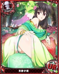 :d amano_yuuma ass bare_shoulders black_hair breasts card card_(medium) character_name dress female flower forest from_behind green_dress green_ribbons hair_flower hair_ornament hair_ribbon hand_on_ass high_school_dxd high_school_dxd_pi jewelry large_breasts looking_at_viewer looking_back nature official_art open_mouth panties panties_aside pendant petals photoshop pillow pointy_chin pussy raynare red_eyes ribbon ring smile solo straddling tree underwear veil