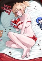 1girls absurdres ahoge alternate_hairstyle arcueid_brunestud barefoot bed belaweb123 big_breasts blanket blonde_hair blush box breasts candy chocolate ciel_(tsukihime) english_text feet female food happy_valentine heart heart-shaped_box heart-shaped_chocolate heart-shaped_food highres huge_breasts implied_nudity large_breasts melty_blood navel nude nude_female on_bed pillow ponytail pressing_breasts_together red_eyes red_ribbon resting ribbon short_hair squeezing_breast stuffed_toy sweatdrop tsukihime type-moon wide_hips