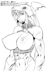 1girls abs amazon amazonian animal_hat areolae artist_request braid braided_hair breasts buckle character_sheet cleavage digimon digimon_(species) digimon_xros_wars female female_only hair hair_over_one_eye headgear helmet large_breasts long_hair mervamon monochrome muscle nipples solo toned very_long_hair