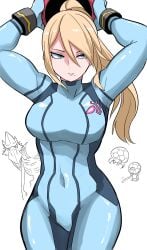 1boy blonde_hair blue_bodysuit blue_eyes bodysuit breasts female highres holding ilo_a5 long_hair looking_at_viewer metroid metroid_(creature) metroid_larva mole mole_under_mouth nintendo ponytail ridley samus_aran simple_background skin_tight splatoon_(series) super_smash_bros. wings zero_suit