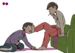 2boys barefoot brothers cigarette feet incest janome_(osmtpippi) licking masturbation matsuno_ichimatsu matsuno_osomatsu multiple_boys osomatsu-kun osomatsu-san siblings smoke toes yaoi