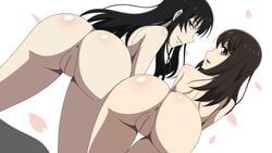 2girls all_fours anus ass atelier_gons back black_eyes black_hair brown_hair decensored dutch_angle from_behind highres kougami_yuriko kujou_sakurako_(sakurako) legs long_hair looking_back mole mosaic_censoring multiple_girls nude open_mouth petals pussy sakurako-san_no_ashimoto_ni_wa_shitai_ga_umatteiru simple_background smile take_your_pick thighs uncensored