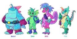 anglerfish anthro balls belly belt chameleon clothing fish flaccid foreskin frill_(anatomy) fupa genitals gloves green_body grin group handwear horn lizard male marine membrane_(anatomy) membranous_frill messenger_bag mostly_nude navel overweight overweight_anthro overweight_male penis pink_body reptile scalie slightly_chubby smile tderek99 uncircumcised