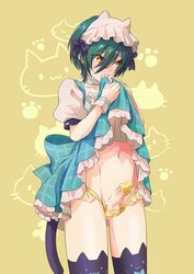 1boy blush cat_ears cat_tail choker crossdressing crossdressing_male dress_lift erect_penis femboy free! green_hair high_speed! kirishima_ikuya male_only memeo_(candy_house) navel panties penis penis_in_panties penis_out_of_underwear solo tagme tail testicles thighhighs trap twink underwear yellow_eyes