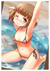 arm_behind_head armpits arms_up barefoot bikini blush border breasts brown_eyes brown_hair crotchless_clothes feet female female hair_ornament hairclip holding_arm idolmaster idolmaster_cinderella_girls kitami_yuzu navel nippleless_clothes nipples nude one_eye_closed pussy short_hair sitting smile soles solo swimsuit uncensored vanilla_anmitsu wink