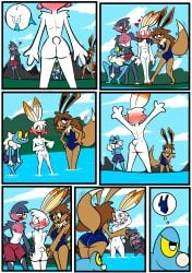 amphibian anthro ass avian big_butt birbpan butt_grab canid canine clothing eevee exhibitionism female froakie frog generation_1_pokemon generation_3_pokemon generation_6_pokemon generation_8_pokemon genitals group hand_on_butt hi_res humiliation lagomorph male male/female male/male mammal nintendo penis pokemon pokemon_(species) scorbunny small_penis swimming_trunks swimwear taillow undressing