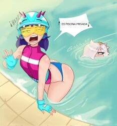 2girls brawl_stars clothed colette_(brawl_stars) female female_only gabri_art jacky_(brawl_stars) panties pool poolside spanish_text stalker supercell tagme text white_hair