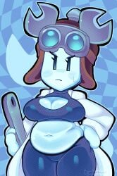 2d big_breasts blue_crop_top blue_pants blue_skin blue_topwear blush boob_window breasts brown_hat buckethead_(artist) chubby chubby_female cleavage_cutout concordian crop_top eyelashes goggles goggles_on_head lab_coat labcoat mario_(series) mario_and_luigi:_brothership mario_and_luigi_(series) midriff muffin_top nintendo revealing_clothes sweat sweatdrop technikki thick_thighs white_coat wide_hips wrench