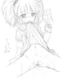 blush bunny clothing female hair_bobbles hair_ornament navel pussy saezuru_usagi short_twintails sketch solo text tied_hair translation_request twintails uncensored v yoshikawa_chinatsu yuru_yuri