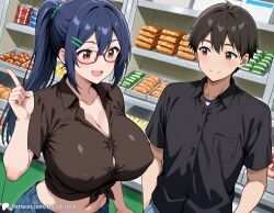 1boy 1girls ai_generated asai_ami black_shirt blue_hair breasts casual casual_nudity covered_nipples denim encoder female glasses grocery_store jeans large_breasts male naked_female nipples pointing public shop smile smiling store uncensored uzaki-chan_wa_asobitai!