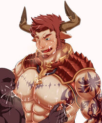 2boys abs agielba agieruba armor bara blush breast_sucking draph facial_hair granblue_fantasy horns lactation male male_lactation male_only multiple_boys muscle muscles nipple_tweak nipples pecs red_hair short_hair sideburns tattoo tongue tongue_out yaoi