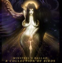 big_breasts bird_girl black_hair black_lipstick breasts completely_nude curvy endsinger english_text female final_fantasy final_fantasy_xiv goddess head_wings jaguarart jewelry looking_at_viewer masturbation meteion nipple_piercing nipples nude space text wide_hips wings yellow_eyes