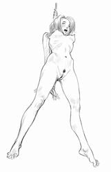 asphyxiation barefoot blush breasts execution feet female hanged monochrome nipples noose nude open_mouth pubic_hair pussy rope tears torture uncensored