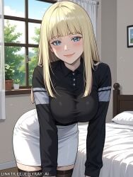 adrianne_(god_of_blackfield) ai_generated bangs bed bedroom black_shirt black_thighhighs blonde_hair blue_eyes blue_sky blunt_bangs blush breasts closed_mouth collared_shirt curtains day female god_of_blackfield indoors jellyray_ai large_breasts long_hair long_sleeves looking_at_viewer on_bed pencil_skirt picture_frame pillow plant shirt shirt_tucked_in skirt sky smile solo taut_clothes taut_shirt thighhighs webtoon white_skirt window zettai_ryouiki