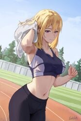 1girls absurdres armpits artist_name blonde_hair cha_hae_in erikvarts exercising female highres holding holding_towel navel pants purple_eyes solo_leveling sports_bra stomach sweat sweatpants towel track_and_field