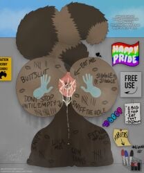 5:6 absurd_res anthro anus ass backsack balls ballsack big_anus big_balls big_butt bodily_fluids brown_body brown_fur bubble_butt canid canine cum cum_in_ass cum_inside dessert dialogue disembodied_hand doughnut fluffy fluffy_tail food fur genital_fluids genitals ghost_hand graffiti heart_symbol hi_res huge_anus huge_balls humiliation hyper hyper_anus hyper_balls hyper_genitalia instruction instruction_on_wall jade_(jadetanuki) jadetanuki lgbt_pride lgbt_pride_month lipstick lipstick_on_anus lipstick_on_balls lipstick_on_body lipstick_on_butt makeup male mammal marker_(artwork) markings musk pastry public public_use raccoon_dog smelly solo striped_markings striped_tail stripes stuck tail tail_markings tally_marks tanuki text through_wall traditional_media_(artwork) wall_(structure)