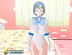 1girls 3d ami_mizuno artist_logo artist_name bishoujo_senshi_sailor_moon blue_hair cg large_breasts latinkaixa leotard sailor_mercury white_leotard