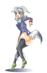ass black_thighhighs blue_dress blush breasts commentary_request dress feathered_wings female female_pubic_hair full_body green_shoes grey_hair grey_pubic_hair head_wings hijiru juliet_sleeves long_hair long_sleeves looking_at_viewer looking_back medium_breasts no_panties open_mouth pointy_ears priest_(ragnarok_online) pubic_hair puffy_sleeves pussy ragnarok_online shoes simple_background solo thighhighs uncensored white_background white_wings wind wind_lift wings
