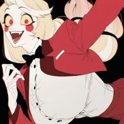 blonde_hair button_down_shirt charlie_morningstar_(hazbin_hotel) demon demon_girl hazbin_hotel huge_breasts looking_at_viewer mukurout red_eyes smiling_at_viewer tight_clothing white_skin