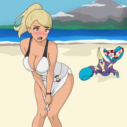 alolan_trainer beach beauty_(pokemon) beauty_(pokemon_sm) blonde_hair blush covering_crotch crabrawler crustacean embarrassed_female game_freak hazel_eyes magikbear nintendo npc_trainer panties panties_stolen pokemon pokemon_sm ponytail skirt suntan tank_top