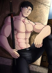 1boy abs against_wall bara black_hair bulge gangsta looking_at_viewer male male_only muscle muscles nicolas_brown nipples pecs public solo sword topless weapon