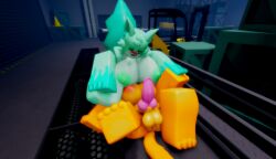 3d anthro big_breasts breasts catte_(kaiju_paradise) consensual cunnilingus face_sitting feizao_(kaiju_paradise) female furry futanari green_breasts green_nipples happy_expression kaiju_paradise orange_breasts pink_nipples pink_pussy ravenuwu roblox roblox_game self_upload tagme