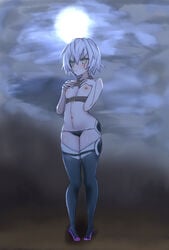 1girls black_panties breasts fate/apocrypha fate/grand_order fate_(series) female jack_the_ripper_(fate) looking_at_viewer navel outdoors petite silver_hair sky solo thighhighs thong wide_hips