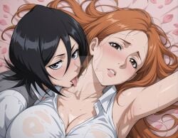 2girls ai_generated big_breasts black_hair bleach breasts cleavage female female_only inoue_orihime kuchiki_rukia licking_neck long_hair open_mouth orange_hair see-through see-through_clothing see-through_shirt shirt short_hair sweat waifuxart wet_clothes wet_shirt yuri